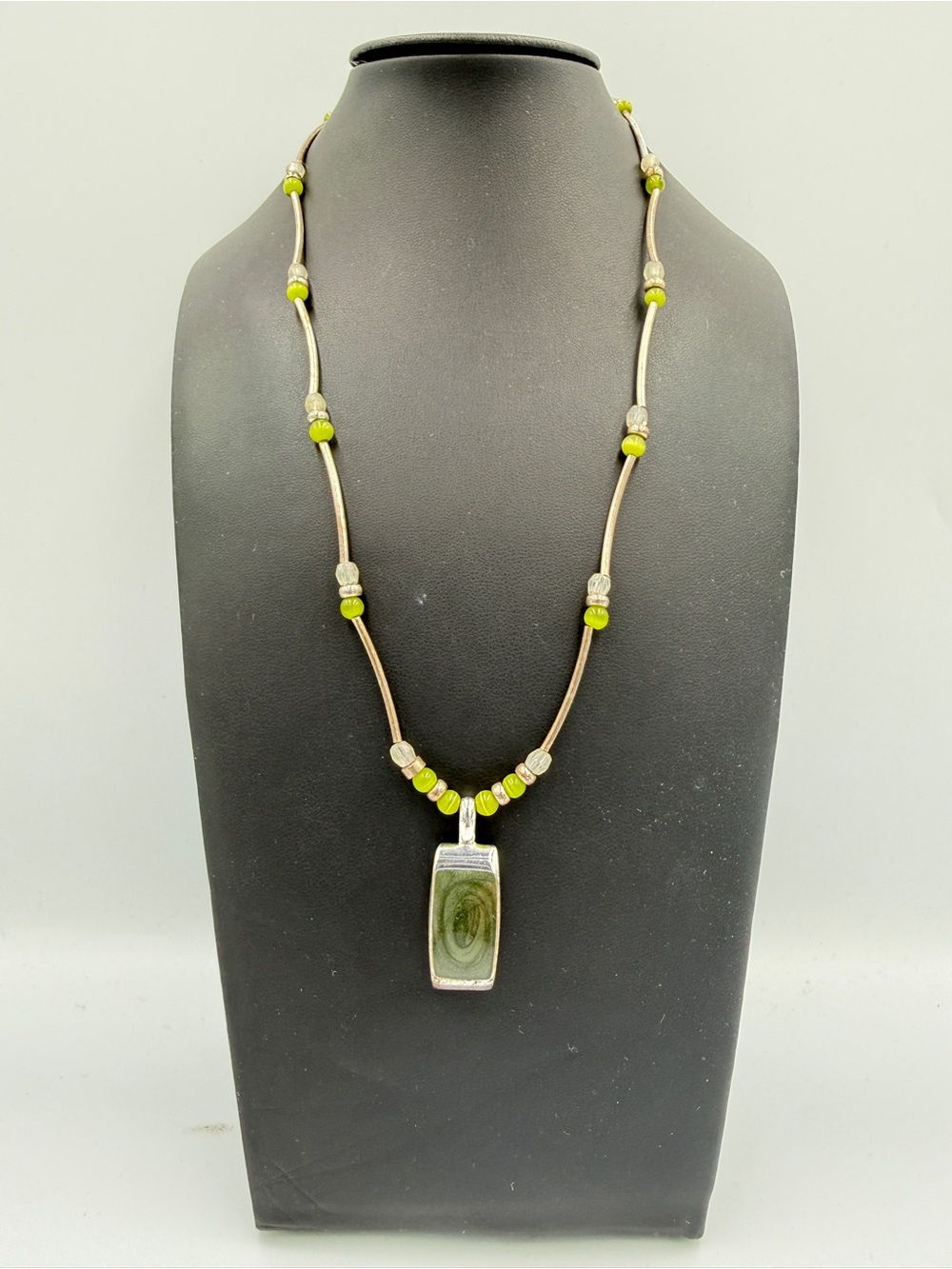 Green Glass Pendant Necklace with Beaded Cord